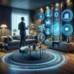 Ilustração de uma casa moderna com dispositivos inteligentes, representando a automação residencial simplificando a rotina diária.