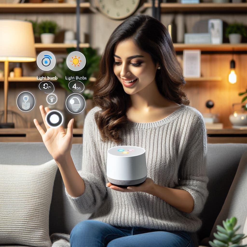 Ilustração de uma casa com assistentes virtuais controlando dispositivos por voz, representando o controle por voz em uma casa inteligente.