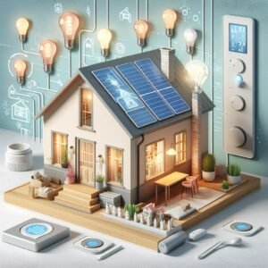 Ilustração de lâmpadas de LED e dispositivos de controle de energia, representando estratégias inteligentes para economia de energia.