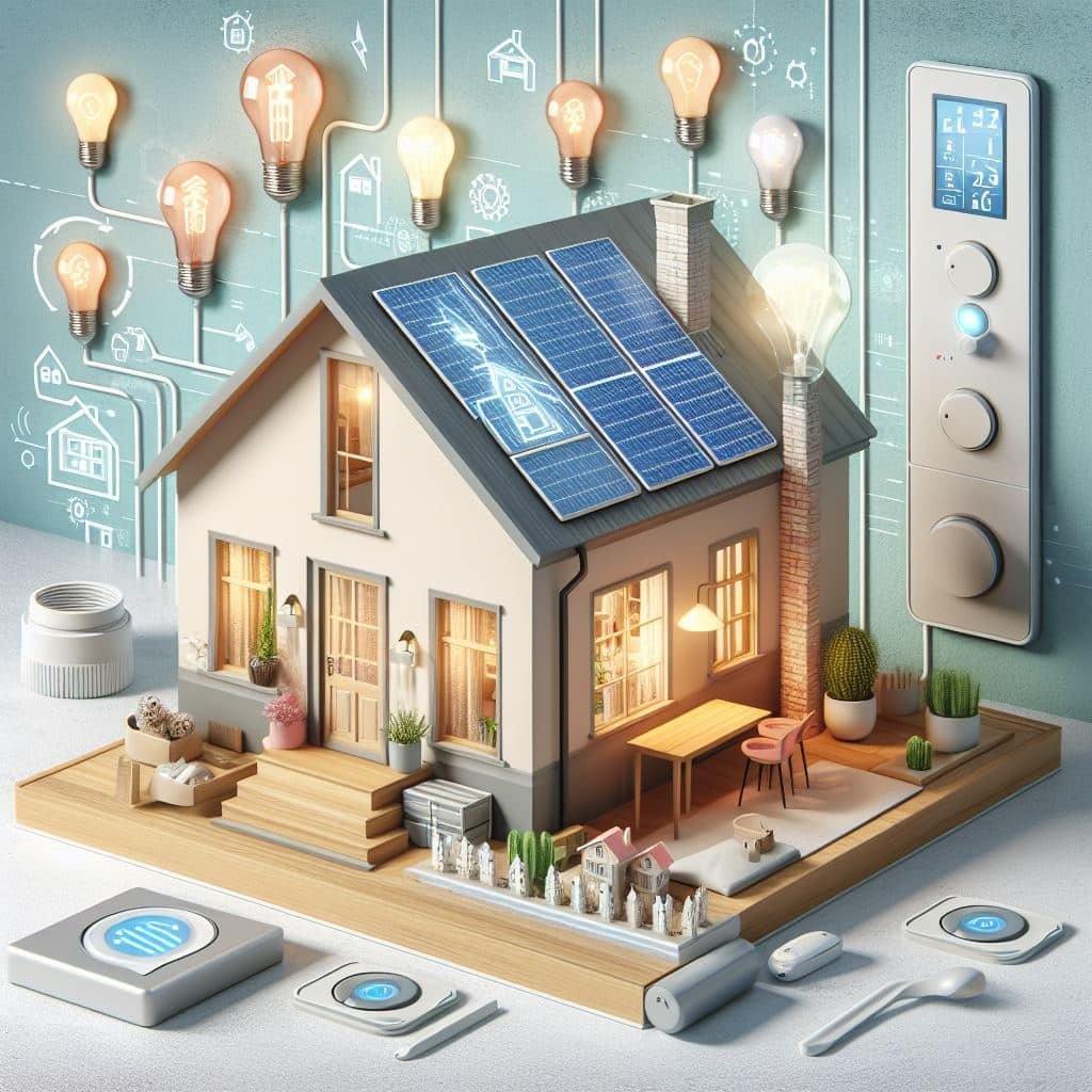 Ilustração de lâmpadas de LED e dispositivos de controle de energia, representando estratégias inteligentes para economia de energia.