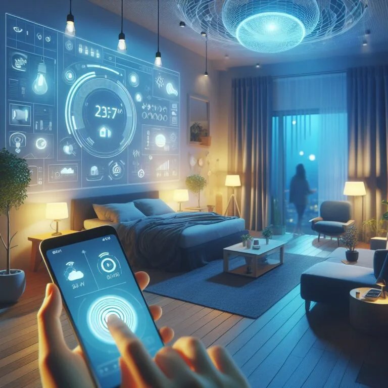 Ilustração de uma casa com iluminação inteligente ajustando o ambiente, representando a criação de ambientes confortáveis e eficientes.