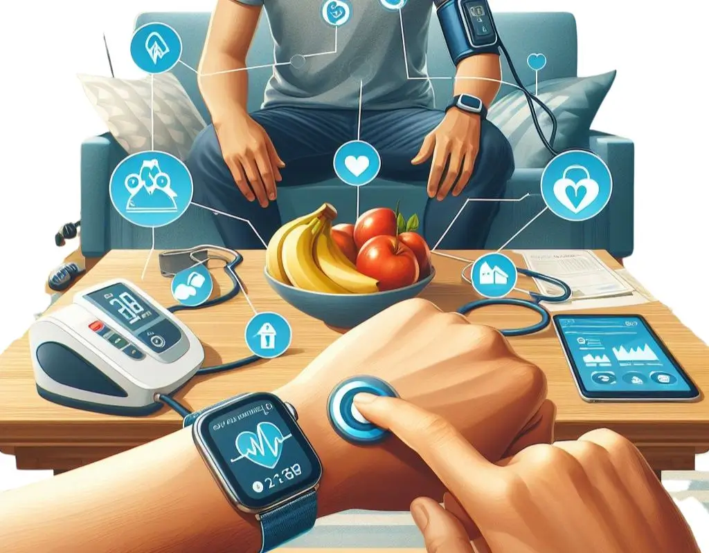 Ilustração de dispositivos de monitoramento de saúde em casa, incluindo um smartwatch e um smartphone, representando o monitoramento de saúde para um estilo de vida saudável.