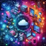 Ilustração representando a Internet das Coisas (IoT), com diversos dispositivos conectados e trocando informações entre si.