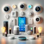 Ilustração de dispositivos inteligentes, incluindo lâmpadas, termostatos e assistentes virtuais, representando os melhores dispositivos para iniciar sua jornada de casa inteligente.