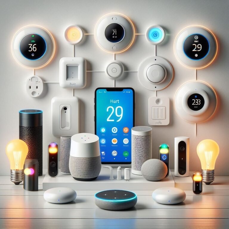 Ilustração de dispositivos inteligentes, incluindo lâmpadas, termostatos e assistentes virtuais, representando os melhores dispositivos para iniciar sua jornada de casa inteligente.
