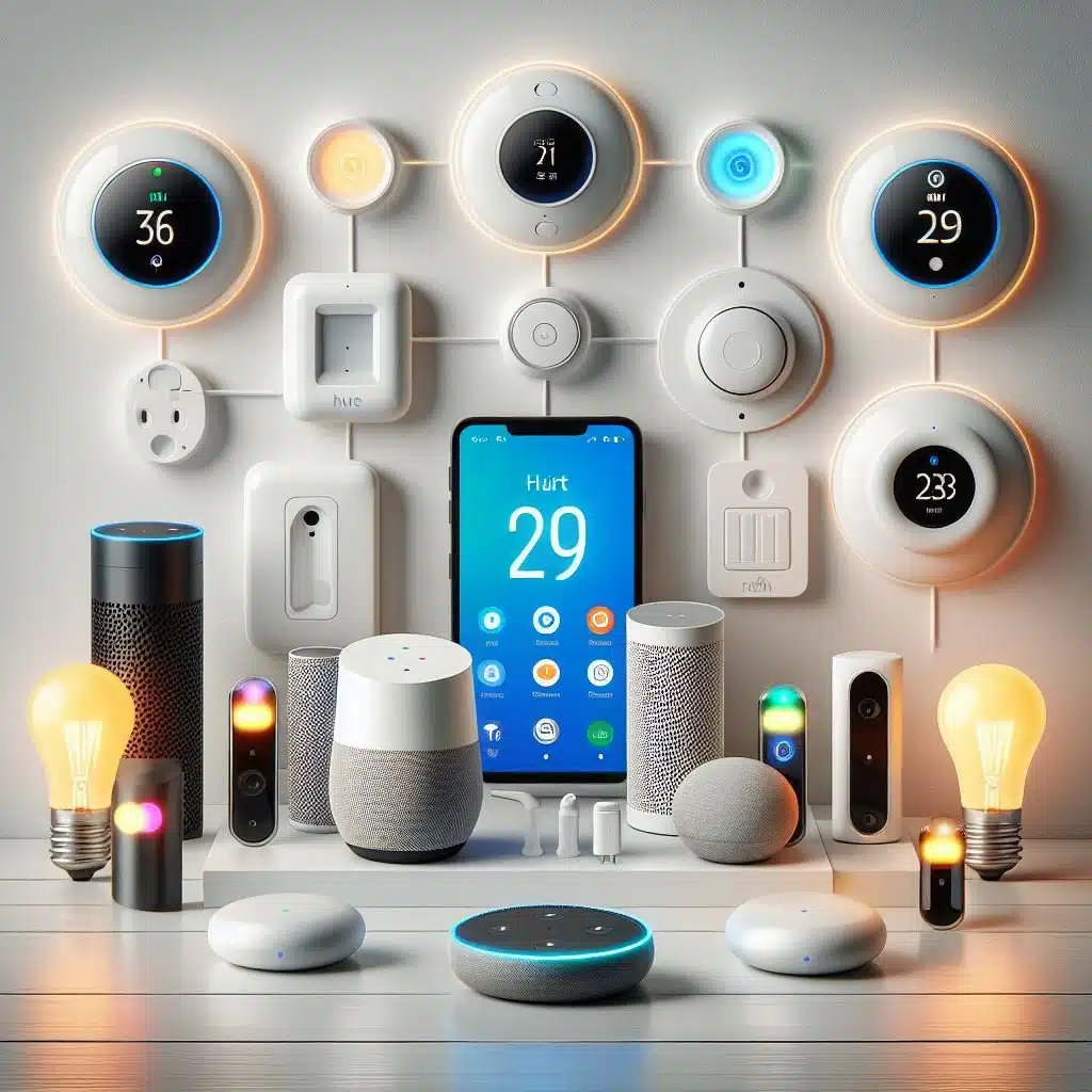 Ilustração de dispositivos inteligentes, incluindo lâmpadas, termostatos e assistentes virtuais, representando os melhores dispositivos para iniciar sua jornada de casa inteligente.