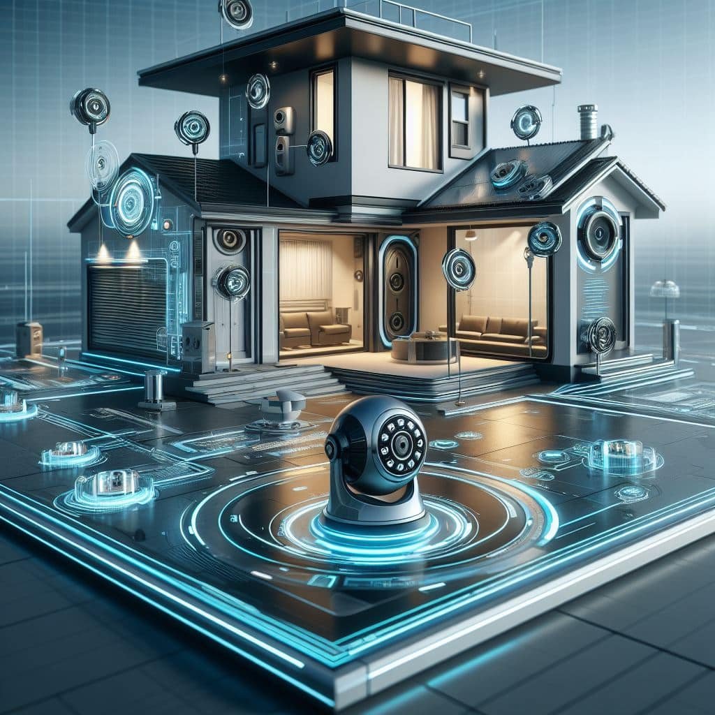 Ilustração de uma casa protegida por dispositivos de segurança inteligentes, representando a proteção domiciliar com tecnologia.