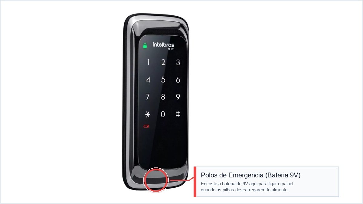 Localização dos polos de contato para bateria 9V na base da fechadura digital Intelbras